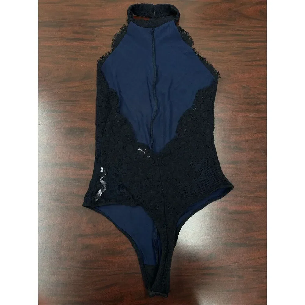 Free People Miley Black Lace Halter Bodysuit Size Large